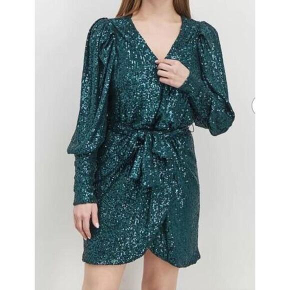 Aqua Belted Sequin Mini Dress GREEN emerald SMALL Formal Cocktail - Picture 1 of 16